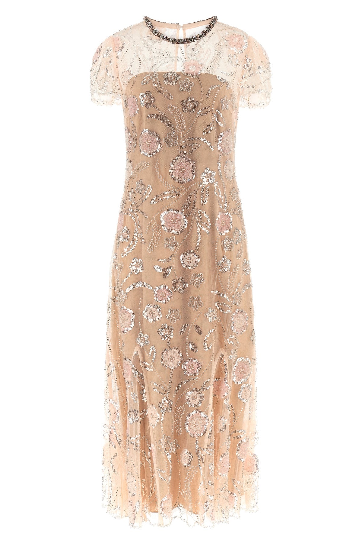 SELF PORTRAIT 6 pink flower sequin embellished midi tulle dress