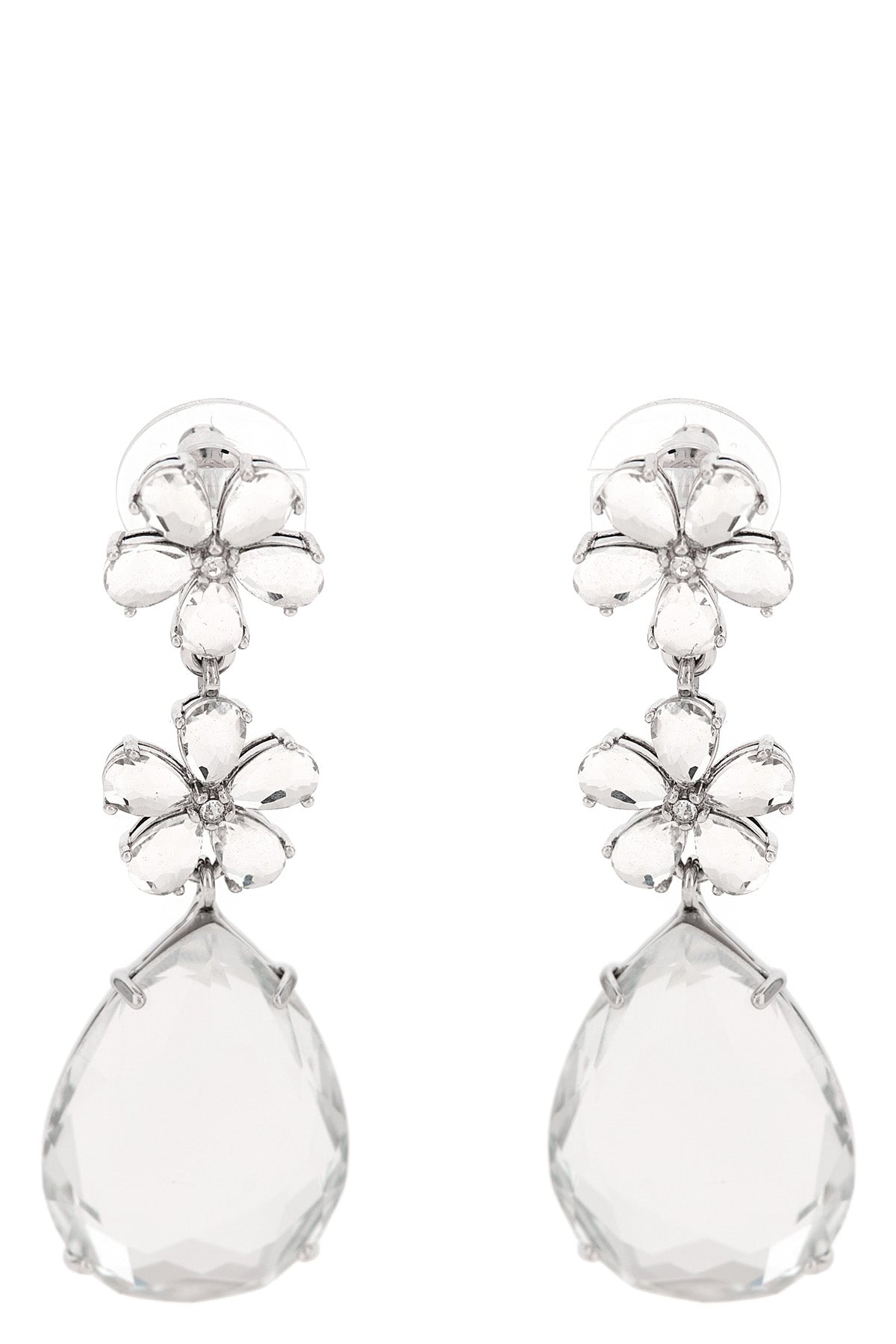 SELF PORTRAIT OS crystal flower tiered earrings in silver-plated brass and crystals