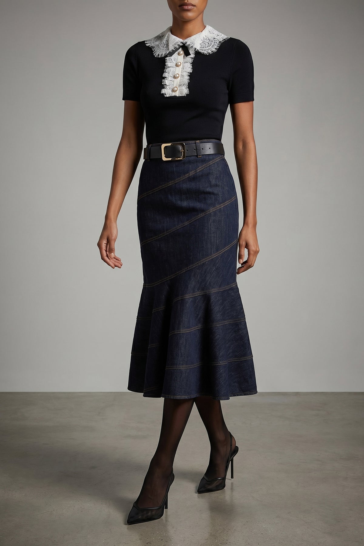 SELF PORTRAIT 6 indigo denim belted midi cotton denim skirt
