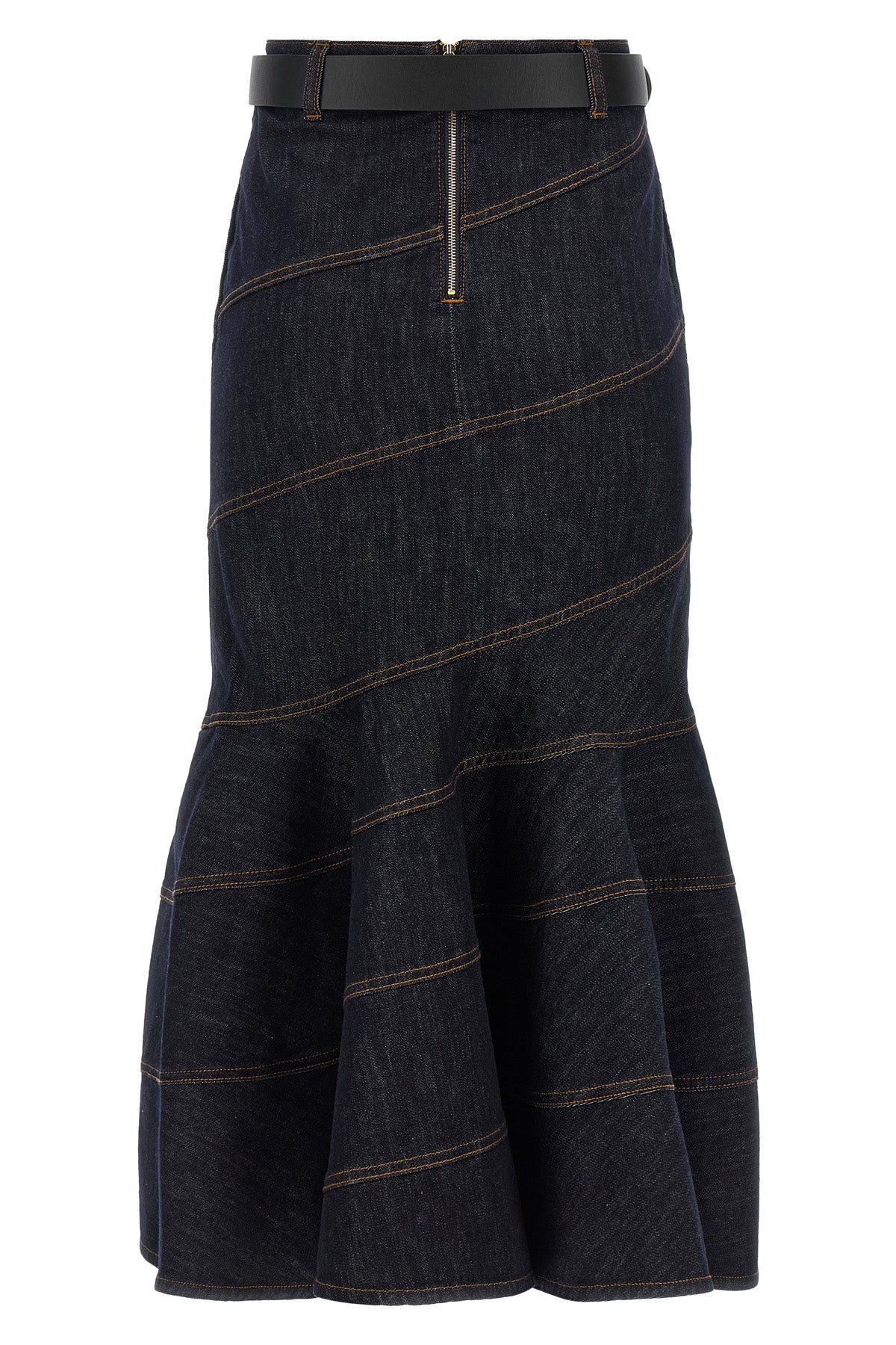 indigo denim belted midi cotton denim skirt