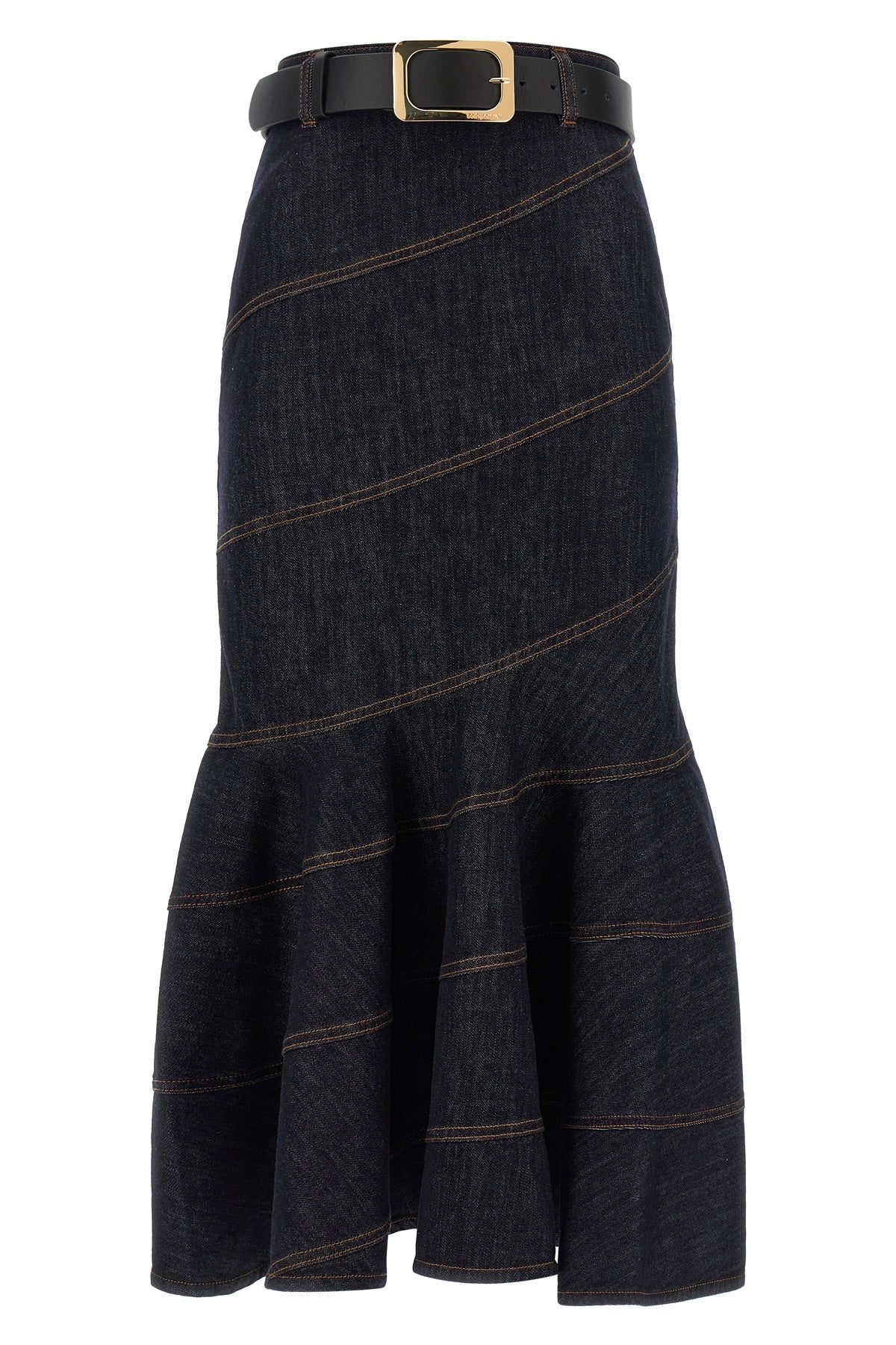 SELF PORTRAIT 6 indigo denim belted midi cotton denim skirt