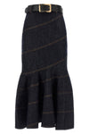indigo denim belted midi cotton denim skirt