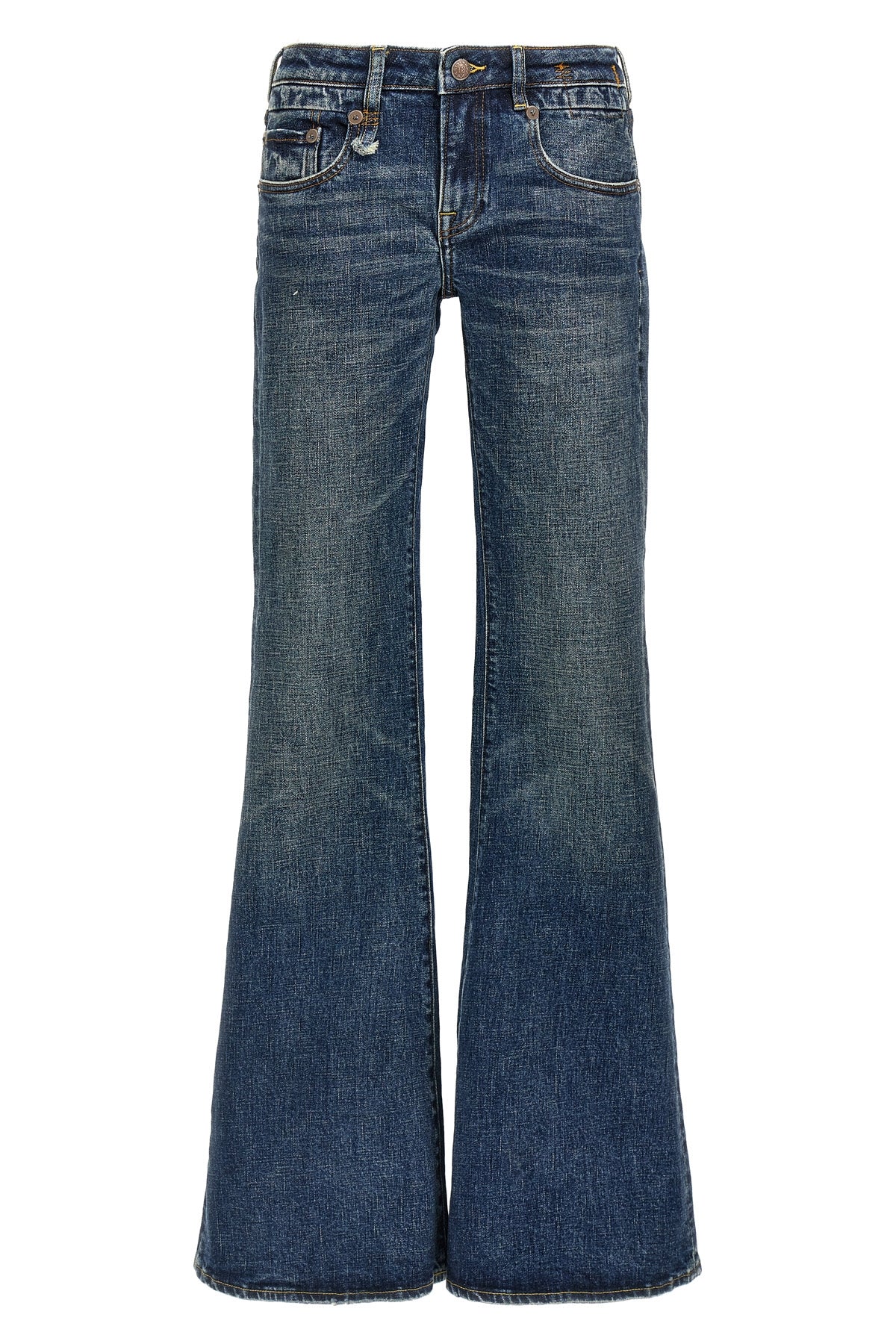 R13 25 overflow boy flare low-rise denim jeans in delavé cotton