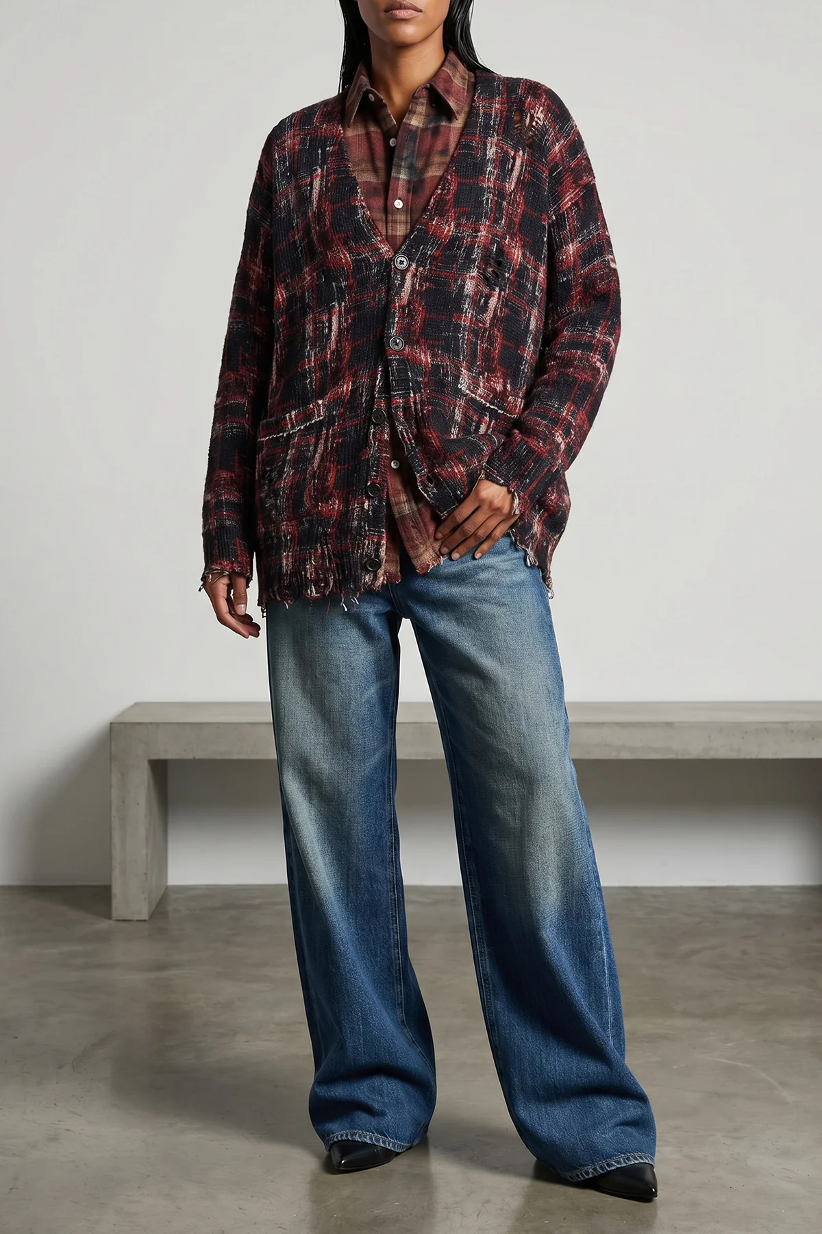 R13 XS used-effect check print peach cotton shirt