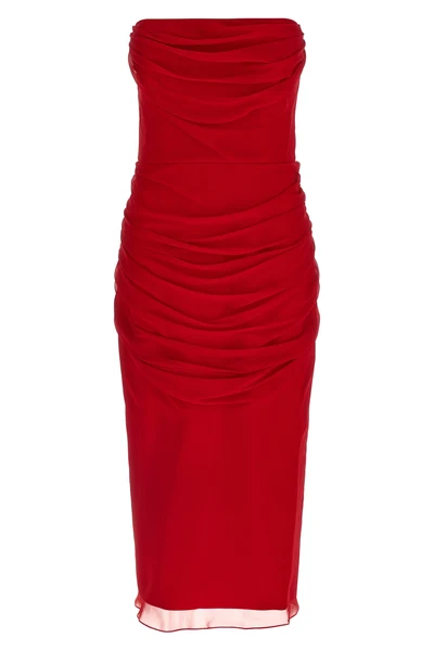 strapless silk chiffon dress draped and curled at the waist