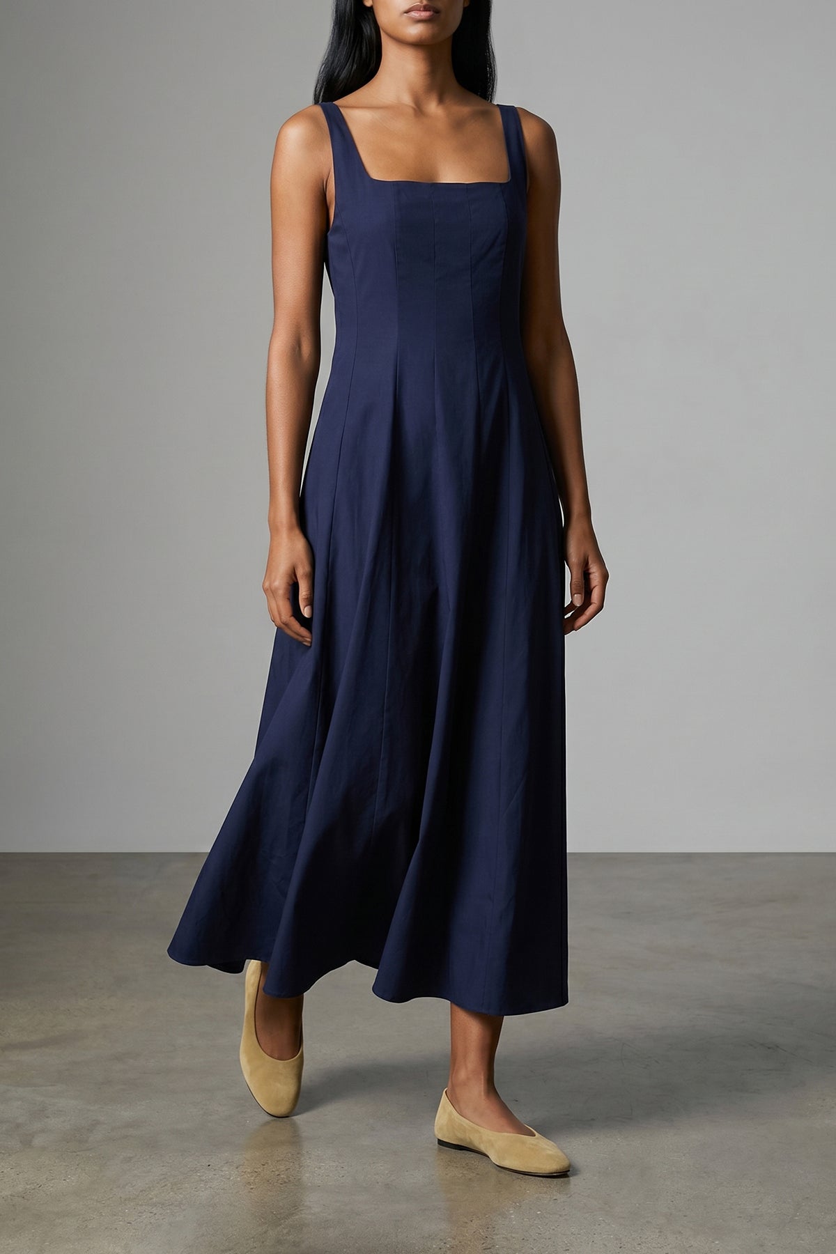 STAUD 6 wells midi dress in light cotton poplin