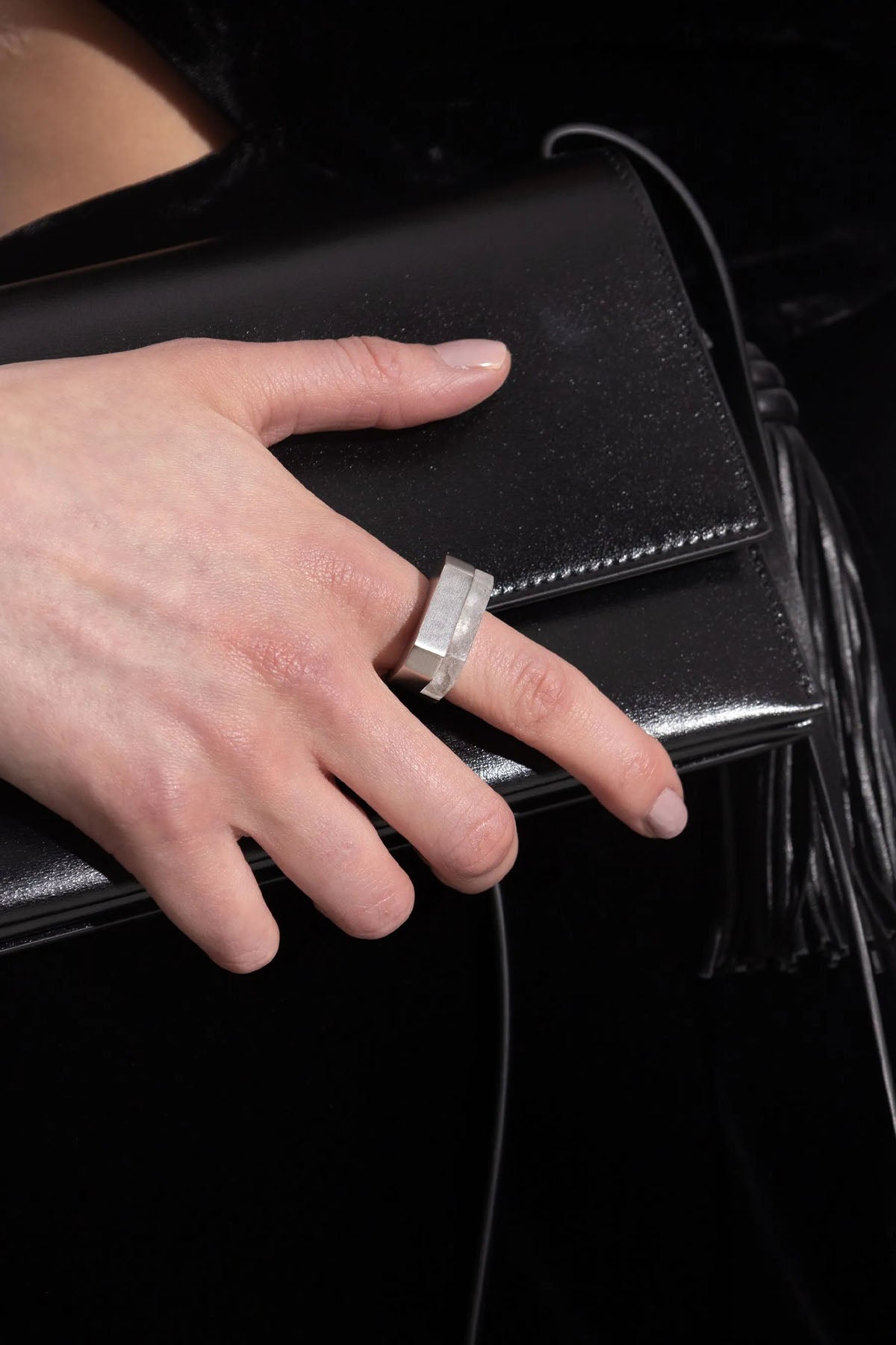 RICK OWENS 54 double crystal hollywood ring in palladium galvanized brass