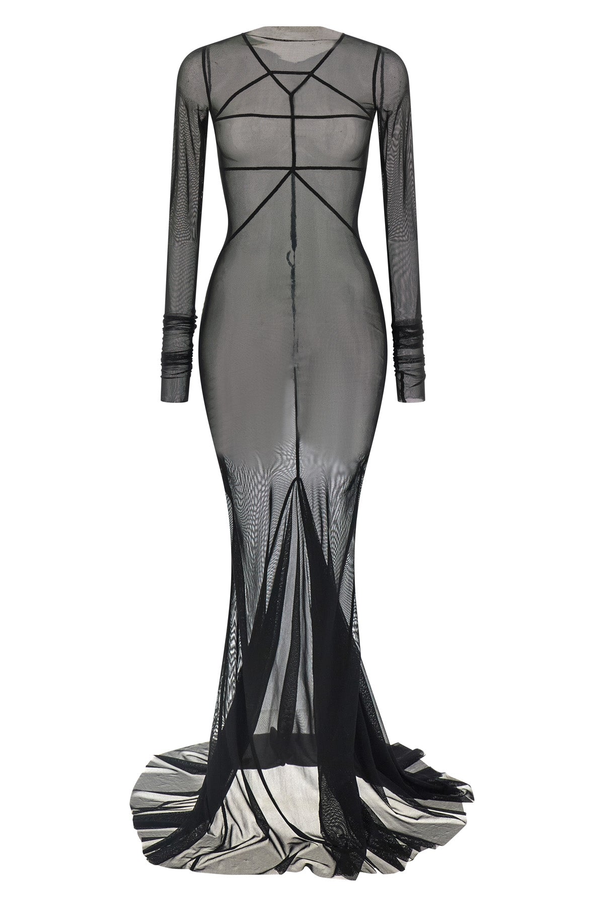 RICK OWENS 40 extra long temple dress in semi-transparent stretch nylon tulle