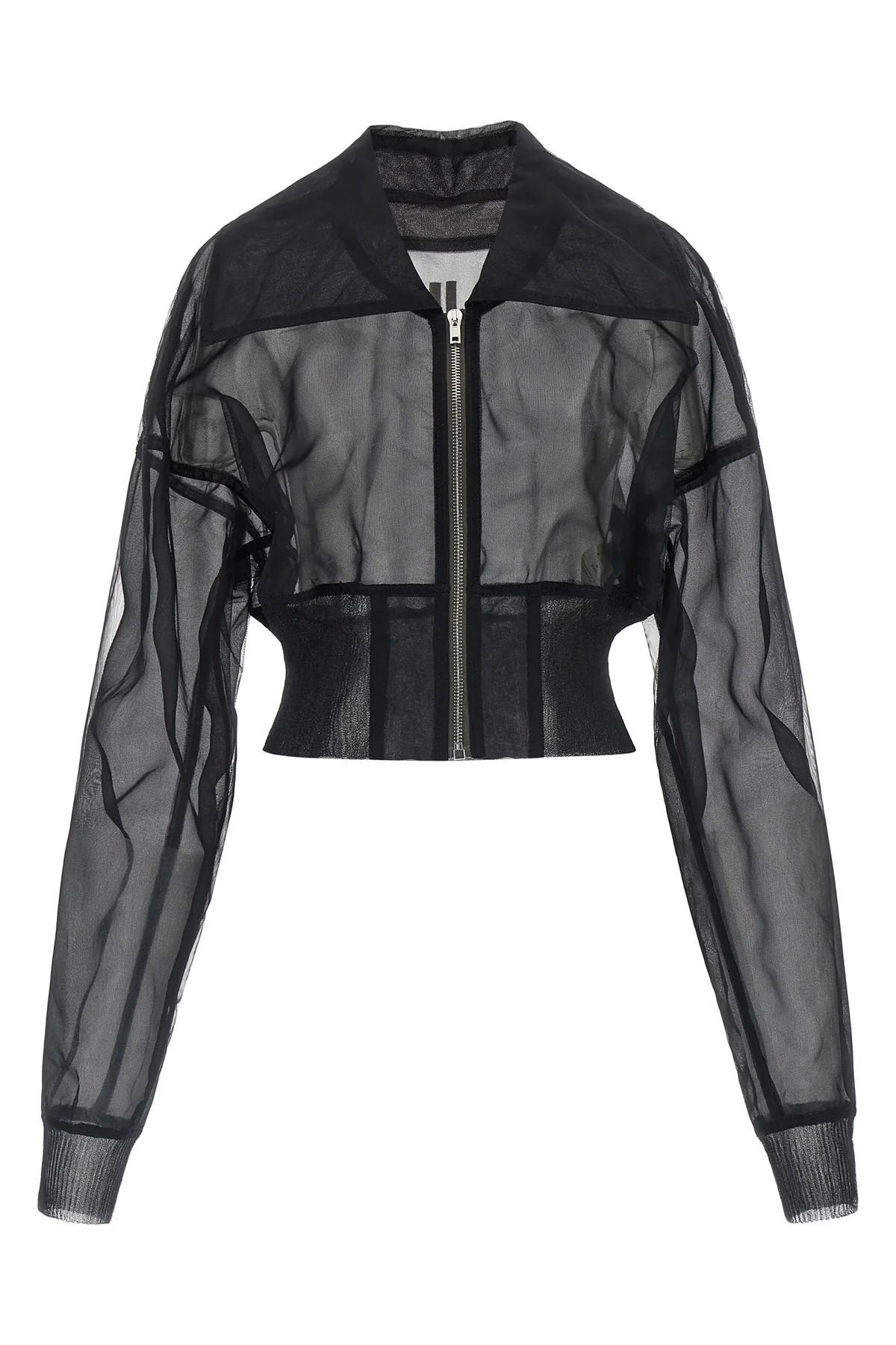 dracucollar cropped bomber jacket in semi-transparent doubled tulle