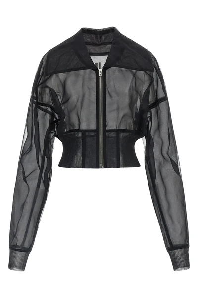 dracucollar cropped bomber jacket in semi-transparent doubled tulle