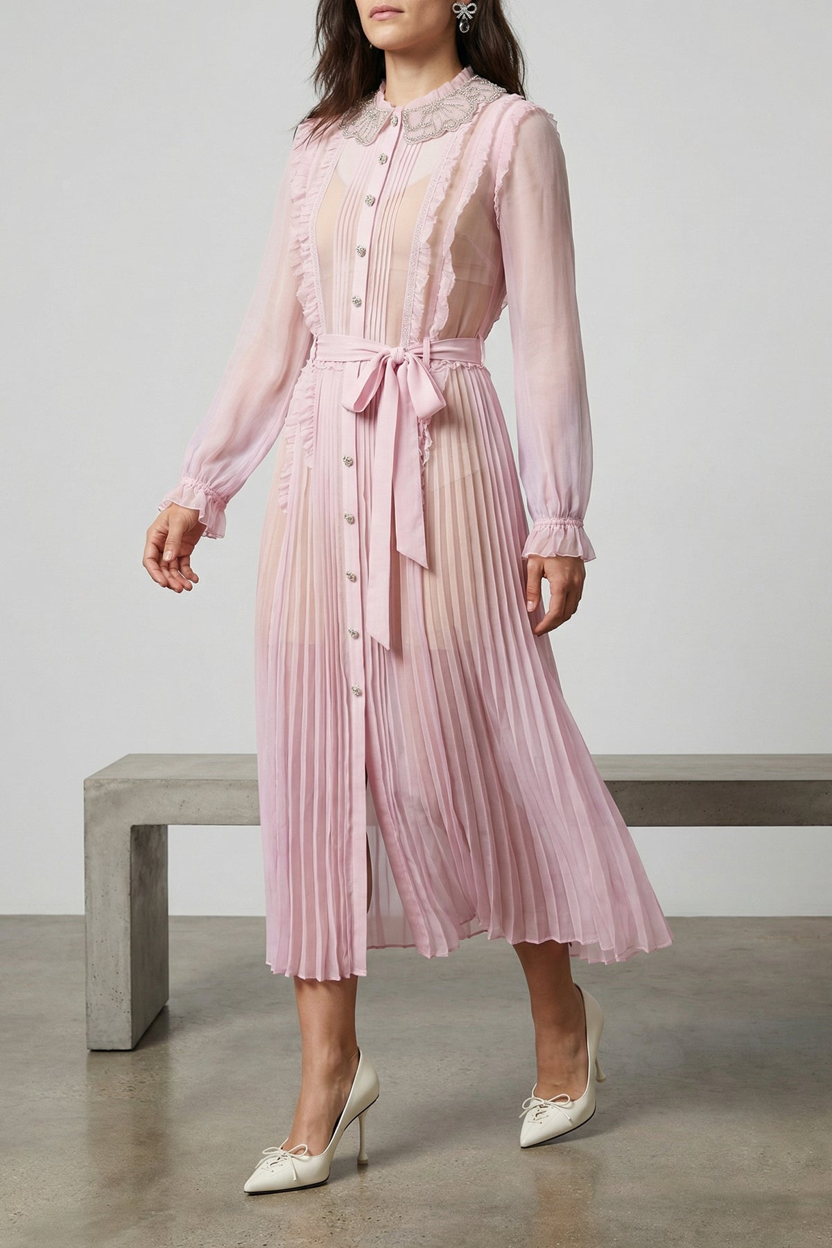 SELF PORTRAIT 10 pink pleated georgette midi dresses in pleated viscose georgette