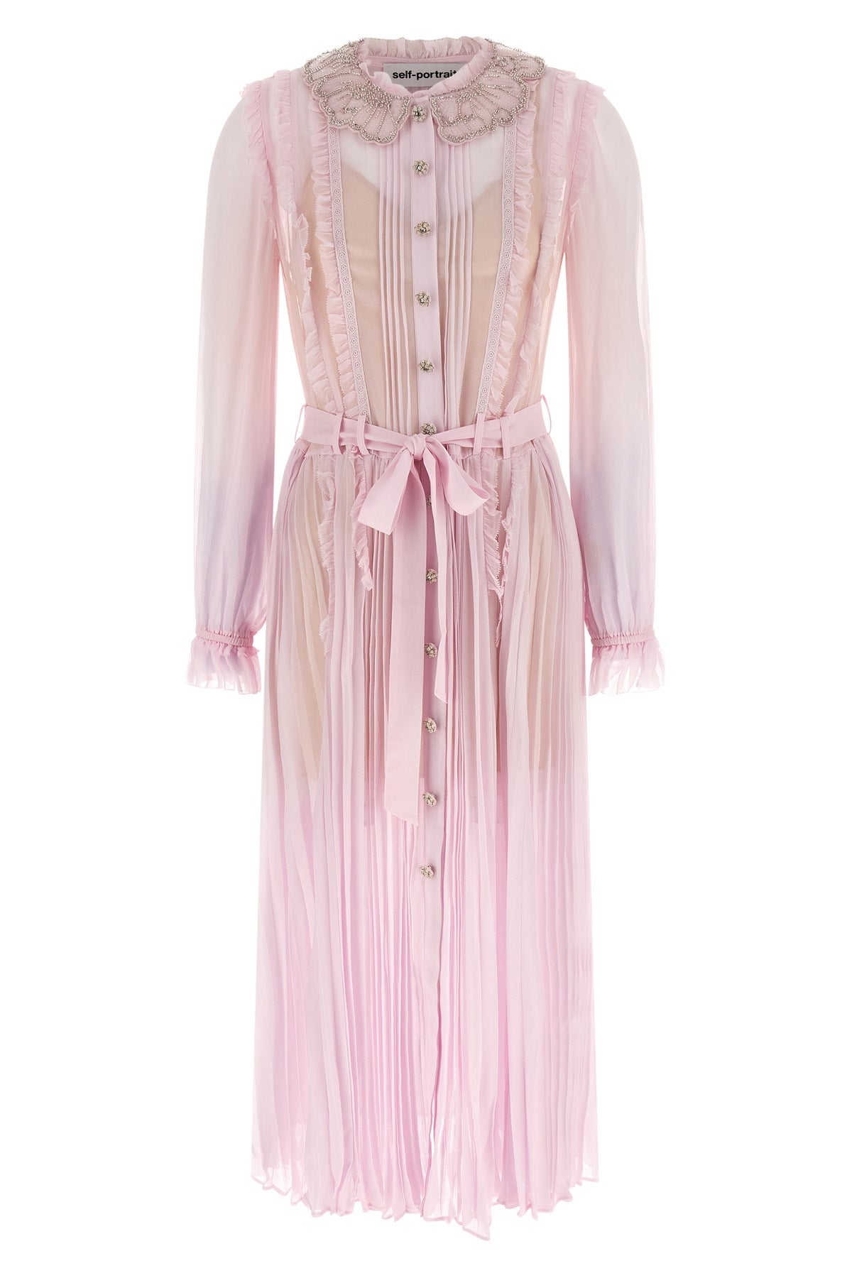 SELF PORTRAIT 10 pink pleated georgette midi dresses in pleated viscose georgette