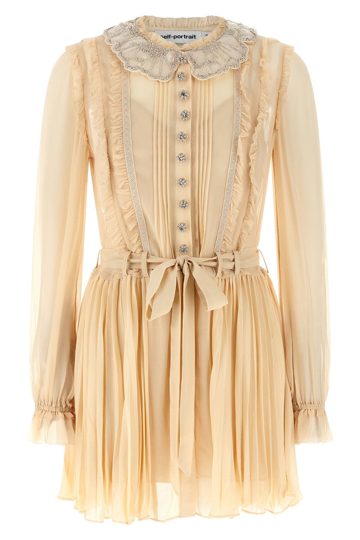 SELF PORTRAIT 6 tan pleated georgette mini dress in pleated viscose georgette