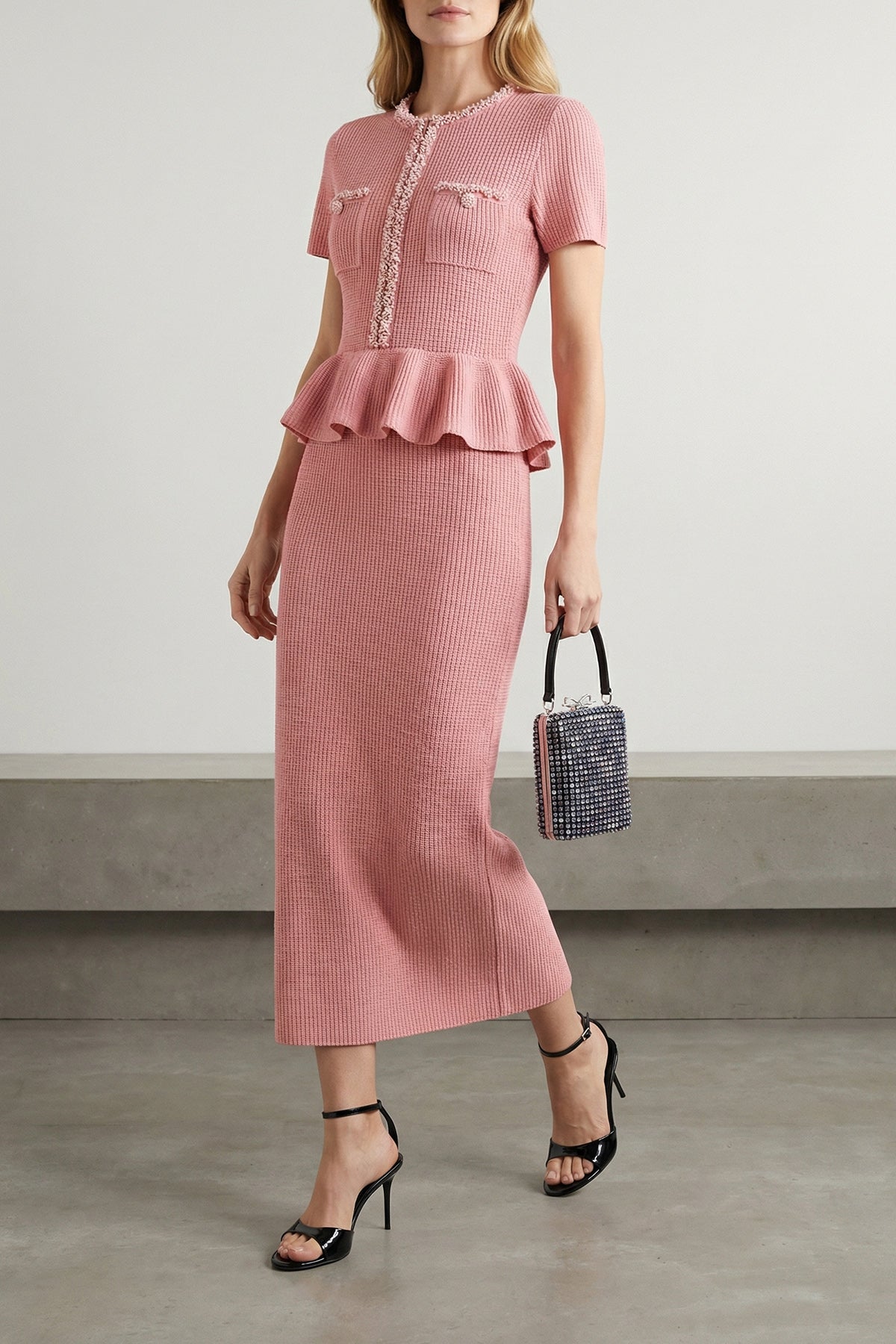 SELF PORTRAIT M pink peplum knit midi waffle knit dress