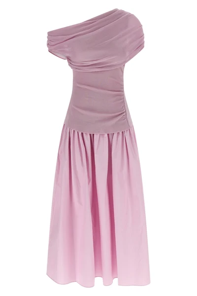pink cotton draped knit midi off-the-shoulder dress