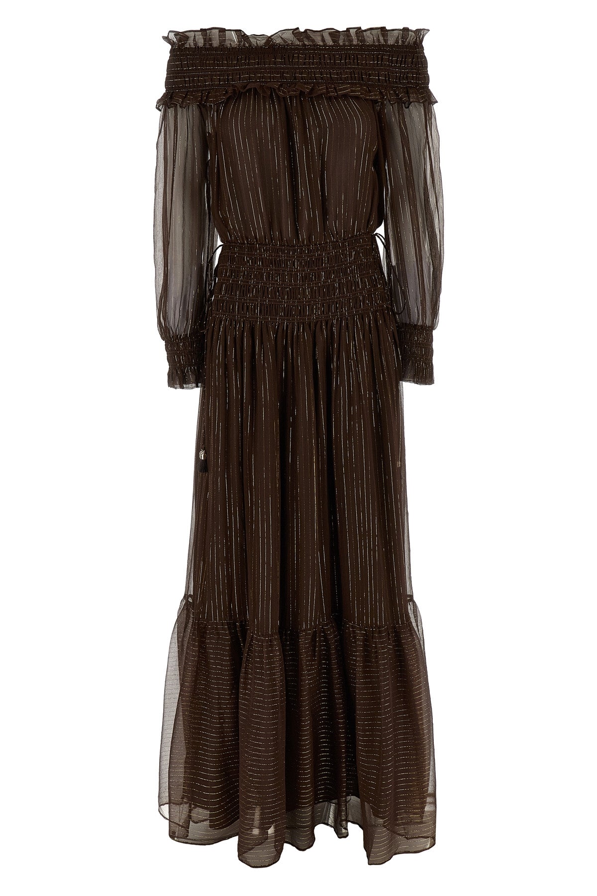 SELF PORTRAIT 8 brown georgette off shoulder maxi dress in crinkled georgette