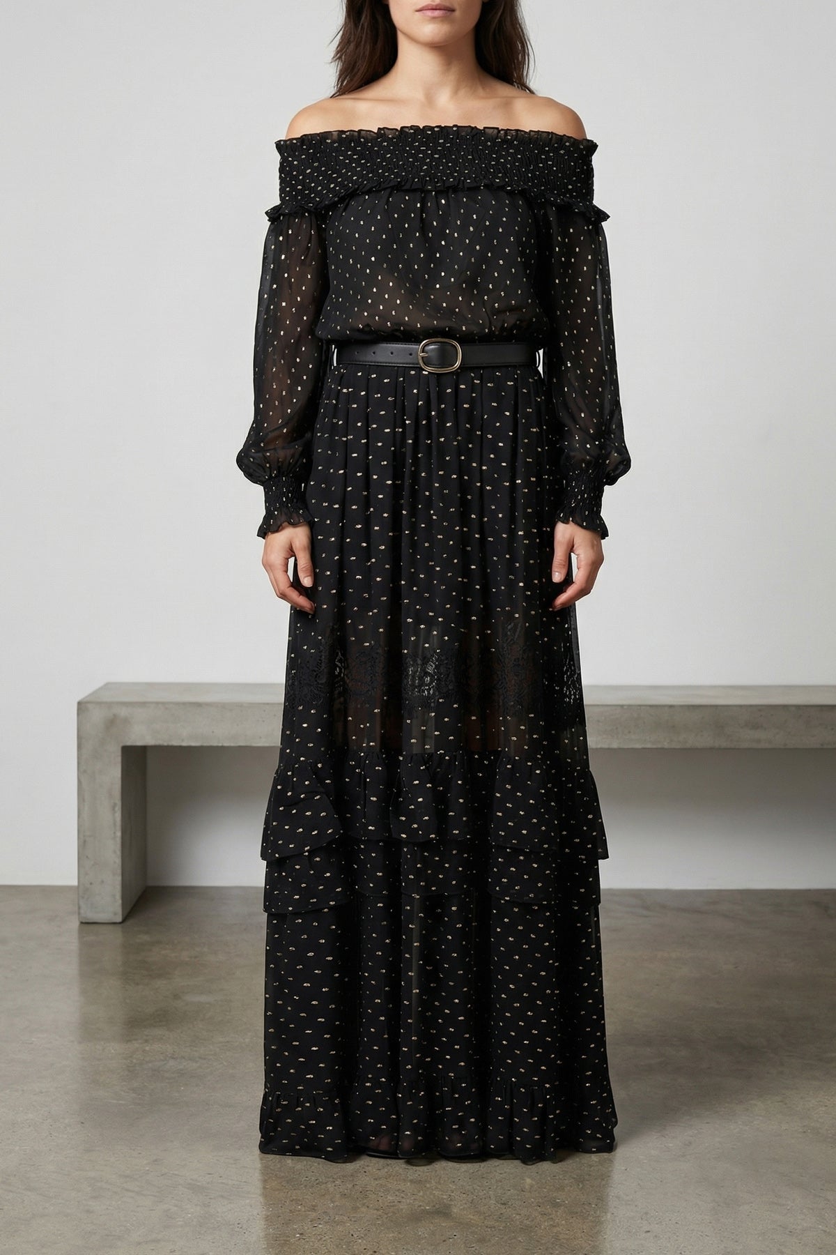 SELF PORTRAIT 6 black and gold chiffon lace maxi metallic fil coupé skirt