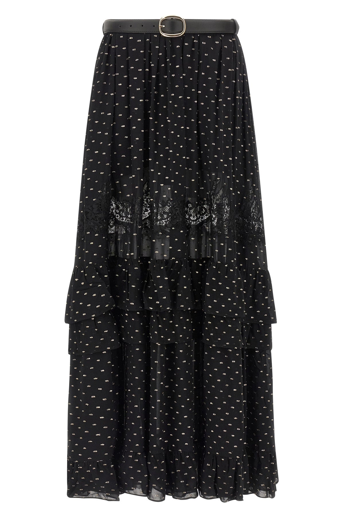 SELF PORTRAIT 6 black and gold chiffon lace maxi metallic fil coupé skirt
