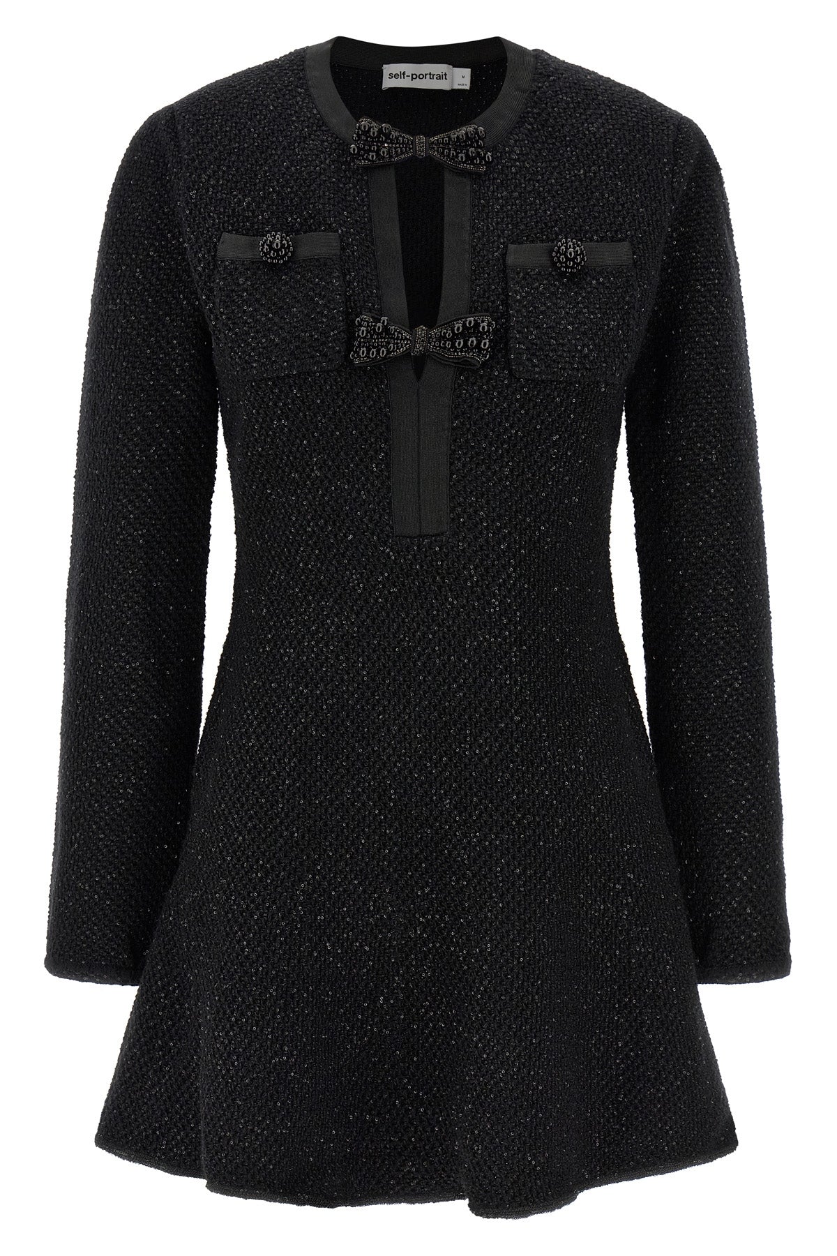 SELF PORTRAIT XS black sequin knit mini cotton and wool blend knit dress