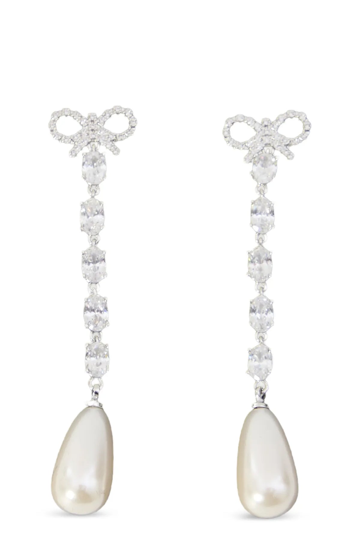 SELF PORTRAIT OS bow pearl droplet earrings in metal crystals and pearls