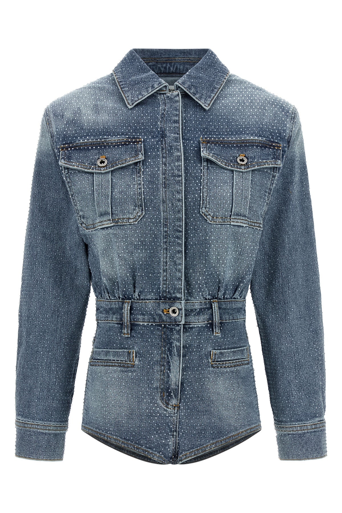 SELF PORTRAIT 6 rhinestone denim stonewashed cotton denim jumpsuit