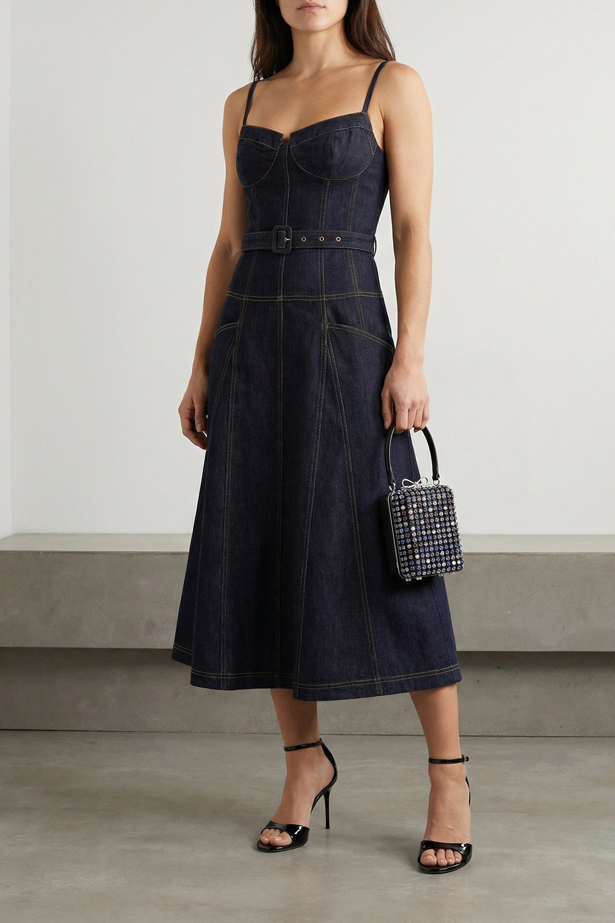 indigo denim flared midi cotton denim dress