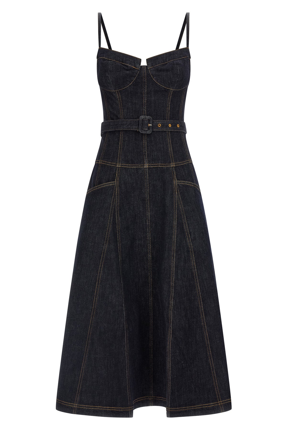 SELF PORTRAIT 6 indigo denim flared midi cotton denim dress