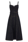 indigo denim flared midi cotton denim dress