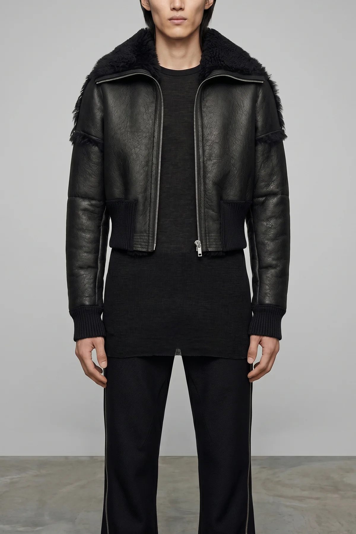 RICK OWENS 50 flight jkt cropped bomber jacket in matte craquelé effect leather