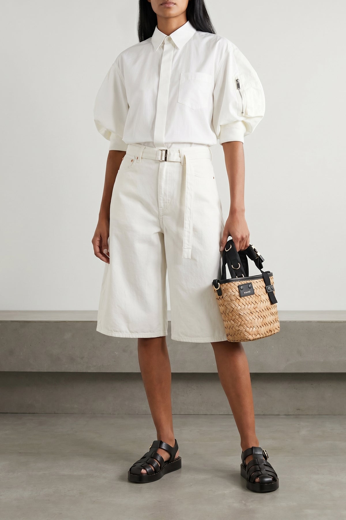 SACAI OS micro hybrid march handbag in woven raffia