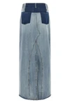 maison margiela long skirt redefines denim codes through a two-tone deconstructe