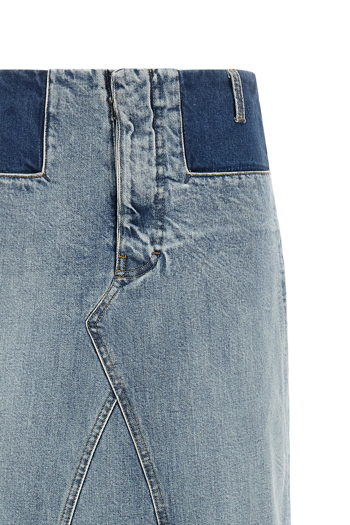 maison margiela long skirt redefines denim codes through a two-tone deconstructe