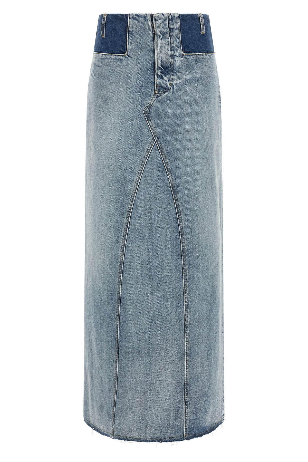 maison margiela long skirt redefines denim codes through a two-tone deconstructe