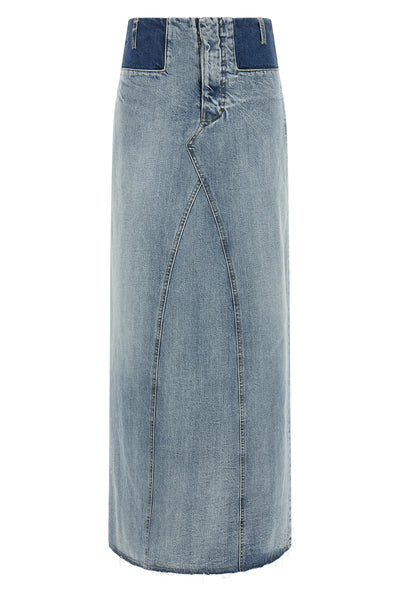 maison margiela long skirt redefines denim codes through a two-tone deconstructe
