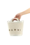 small tropicalia bucket bag in woven raffia-effect fabric and smooth leather