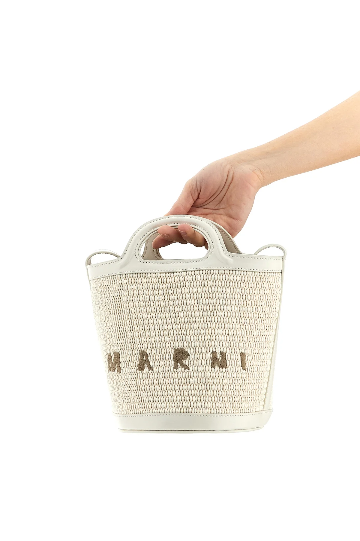 small tropicalia bucket bag in woven raffia-effect fabric and smooth leather