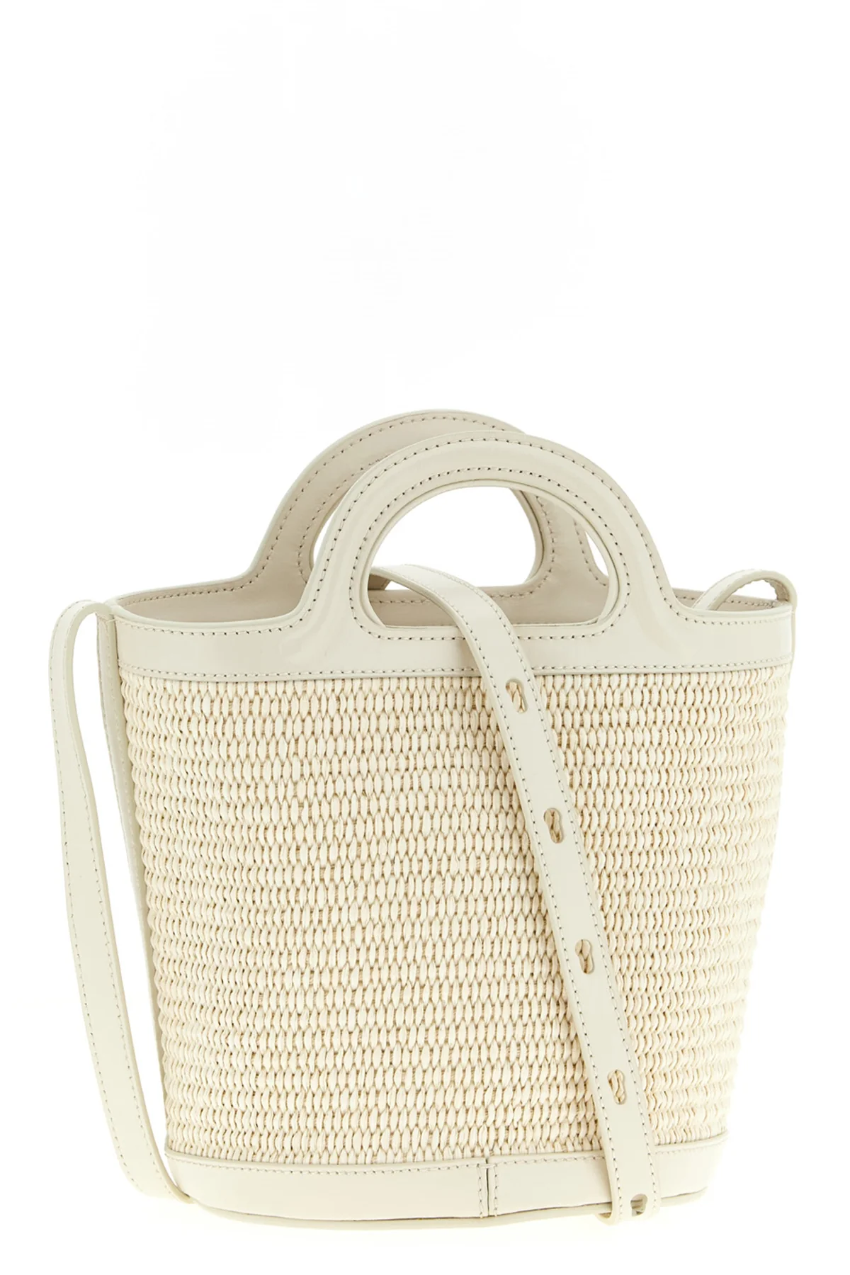 small tropicalia bucket bag in woven raffia-effect fabric and smooth leather