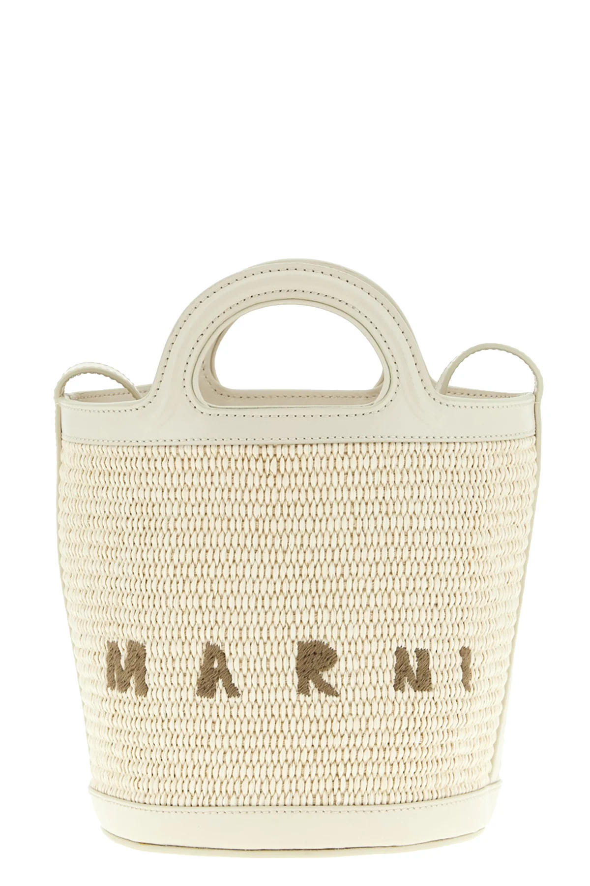 small tropicalia bucket bag in woven raffia-effect fabric and smooth leather
