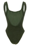 the hunza g square neck one-piece swimsuit defines the silhouette through minima