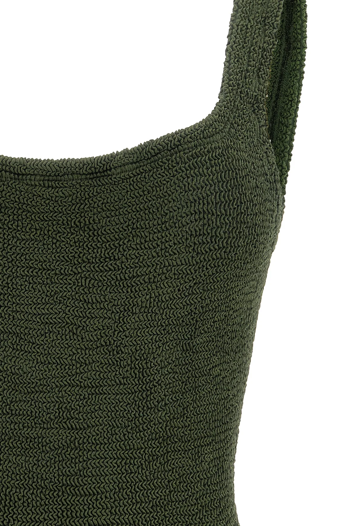 the hunza g square neck one-piece swimsuit defines the silhouette through minima