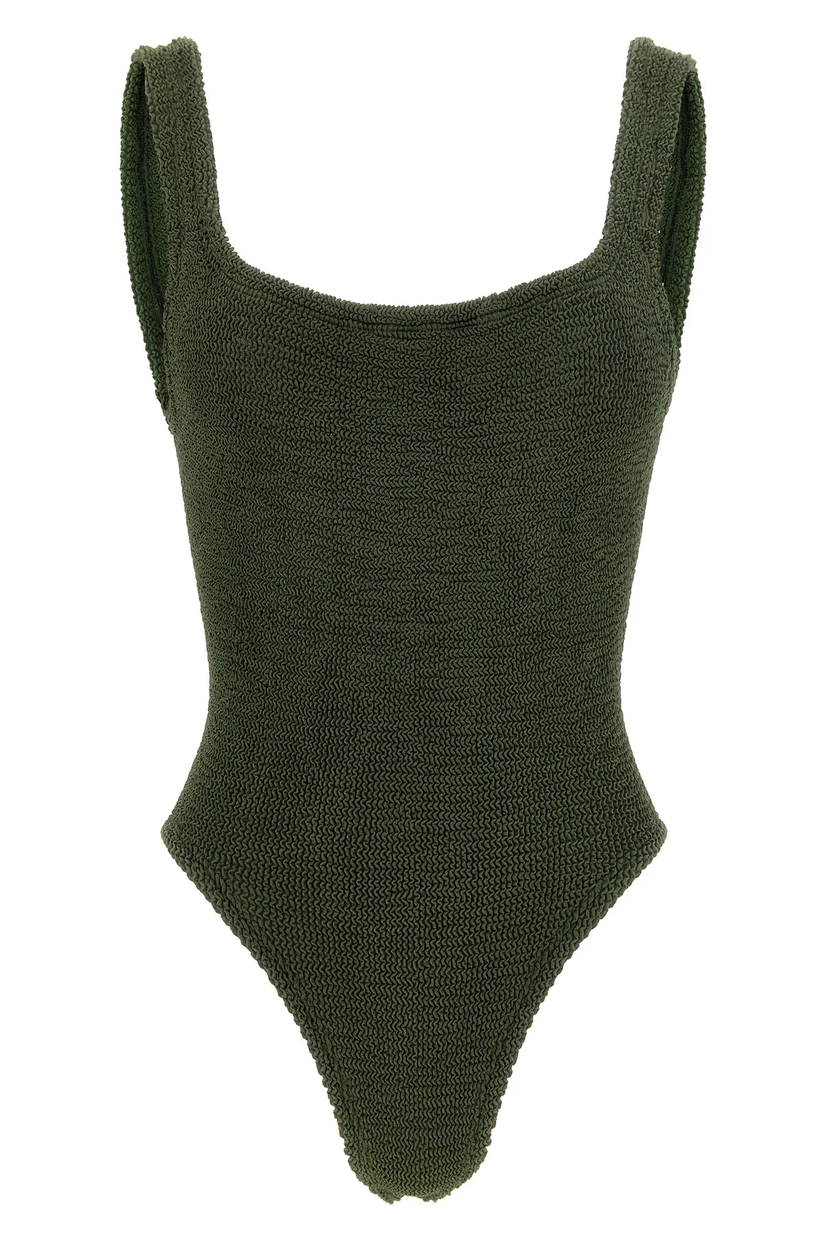 the hunza g square neck one-piece swimsuit defines the silhouette through minima