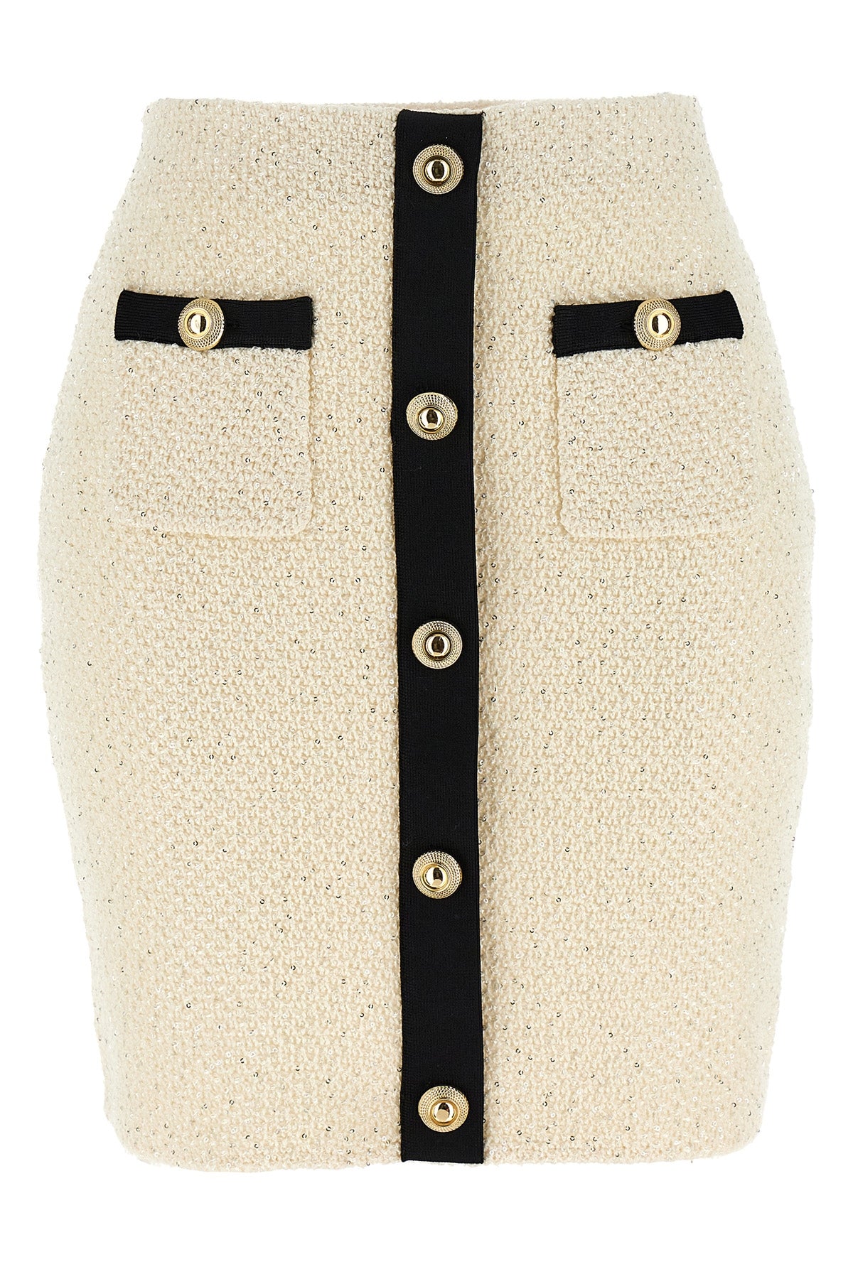 SELF PORTRAIT M cream sequin knit mini skirt in bouclé cotton and wool blend