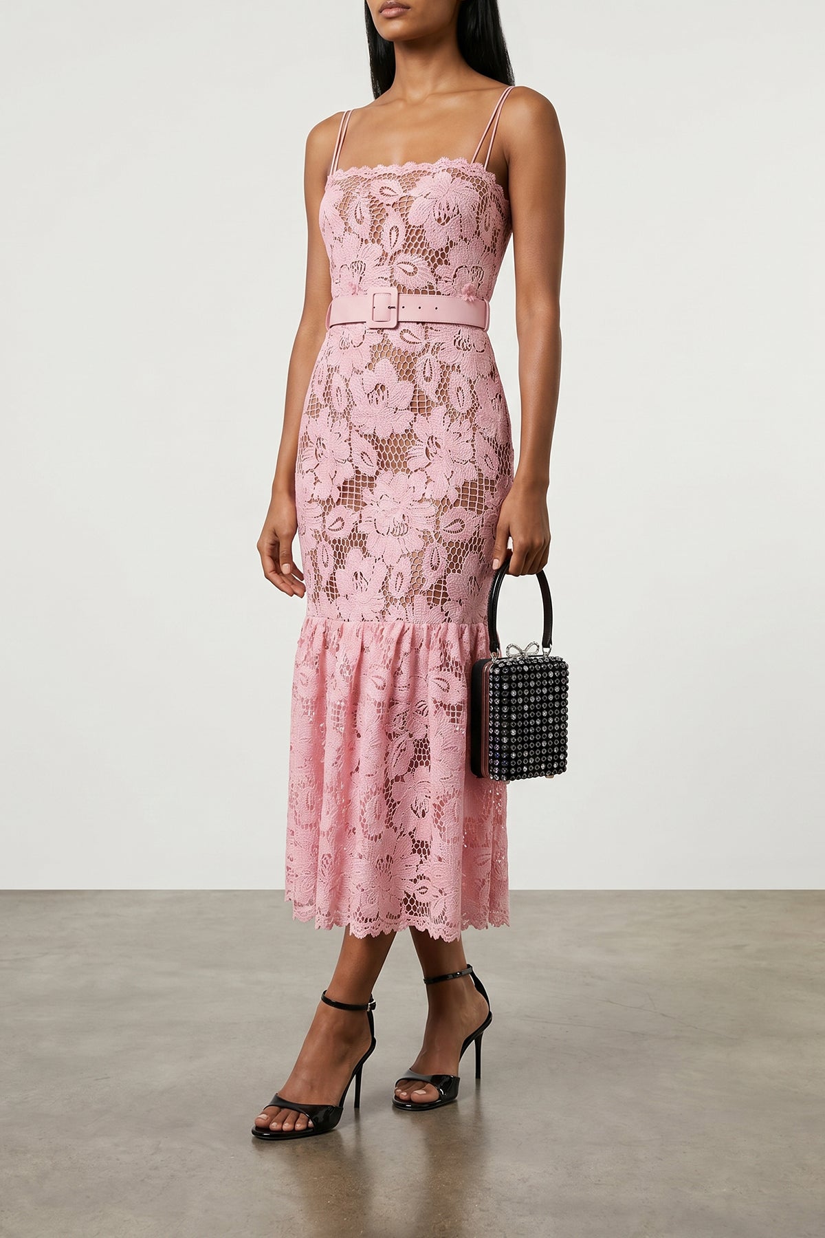 SELF PORTRAIT 8 pink crochet lace midi lace dress