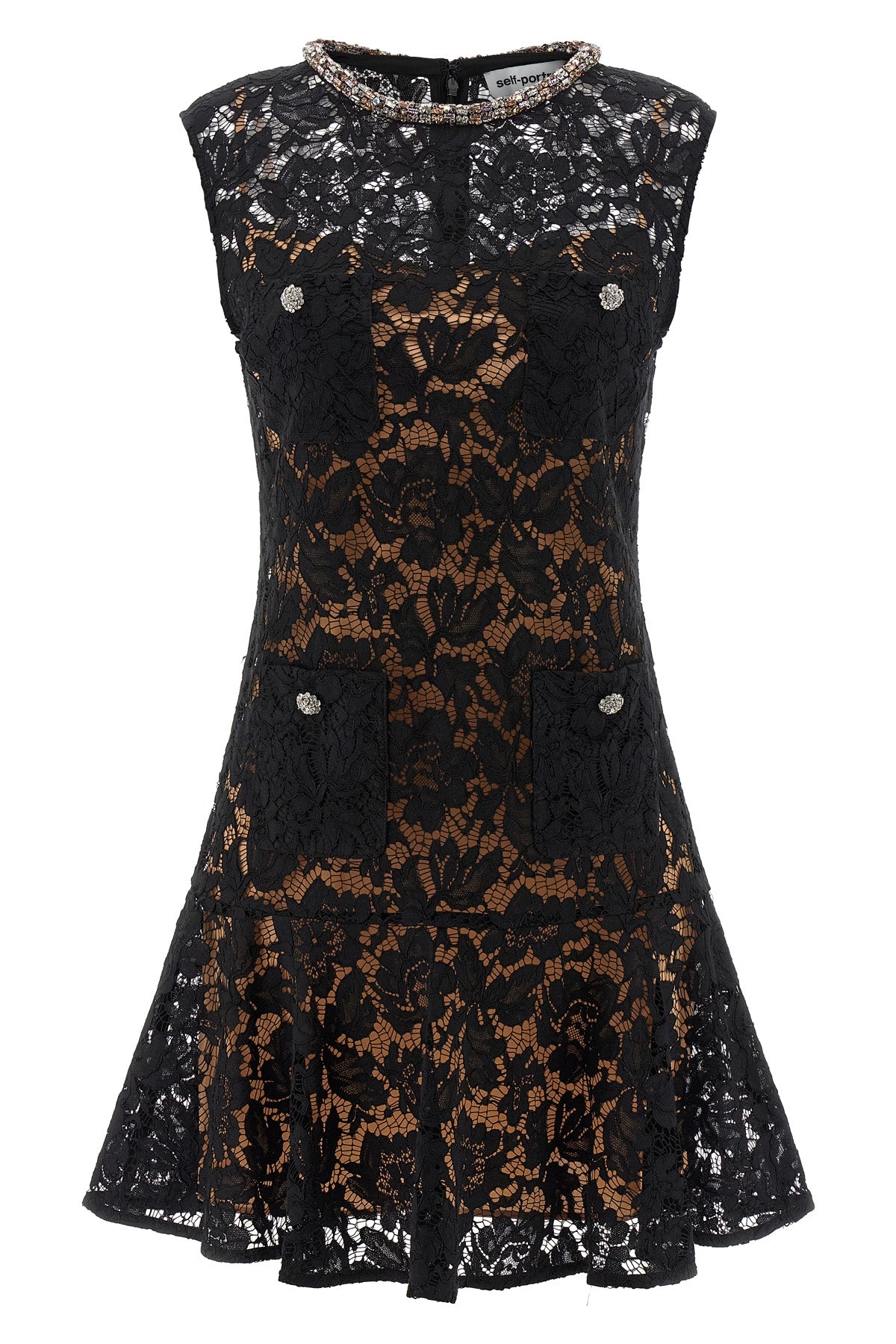 SELF PORTRAIT 6 mini black lace crystal openwork lace dress