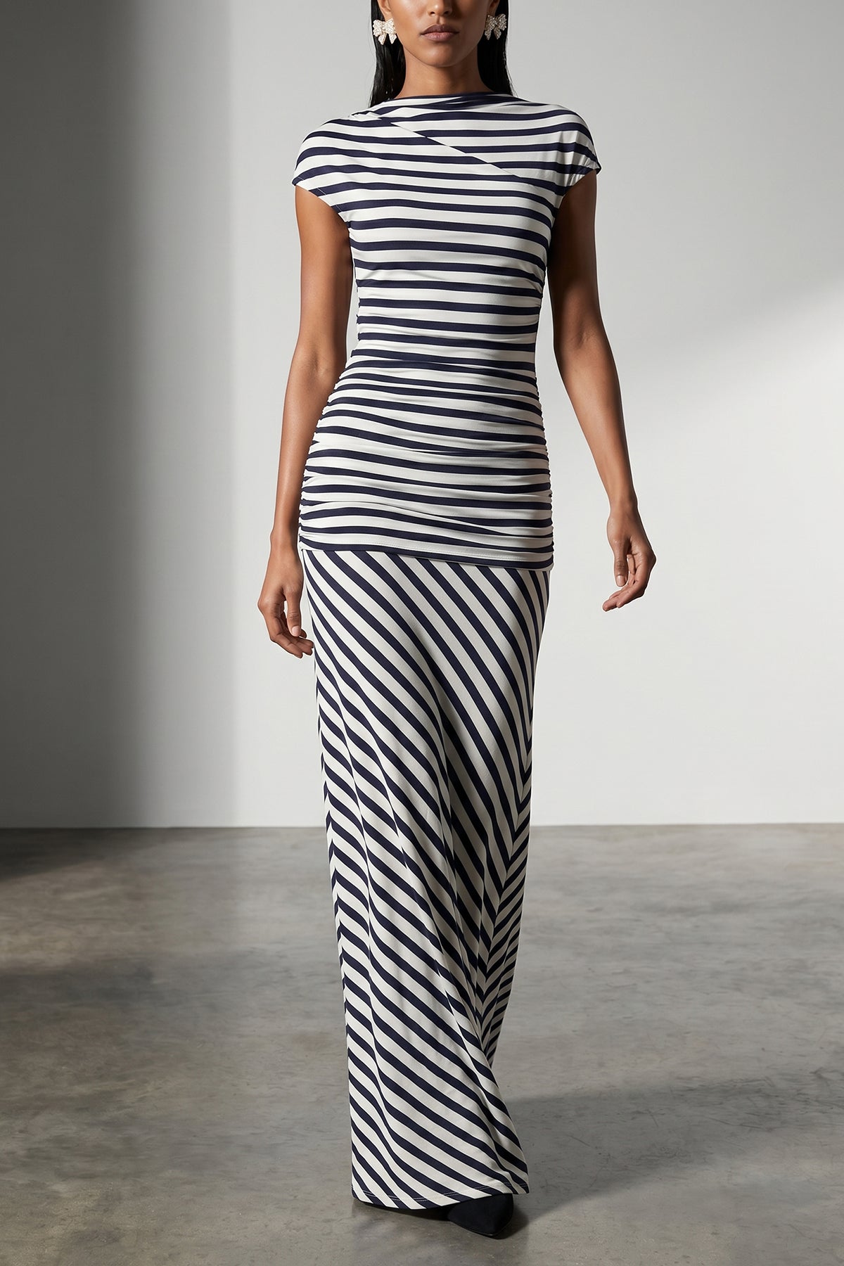 SELF PORTRAIT 14 navy stripe jersey maxi striped shiny stretch viscose jersey dress