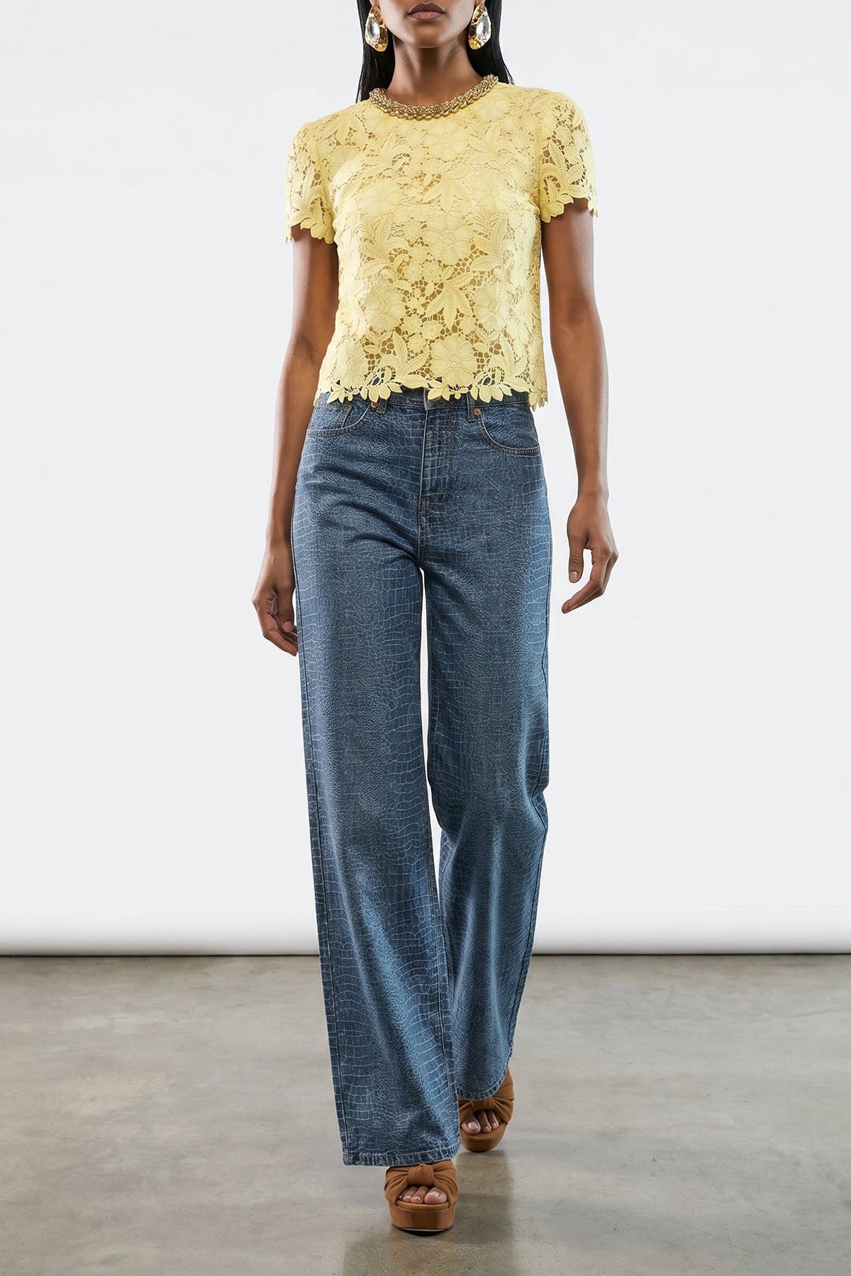 SELF PORTRAIT 26 rhinestone croc effect cotton denim jeans