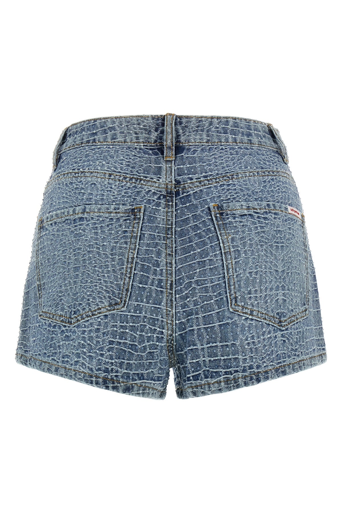 rhinestone shorts in croc effect cotton denim
