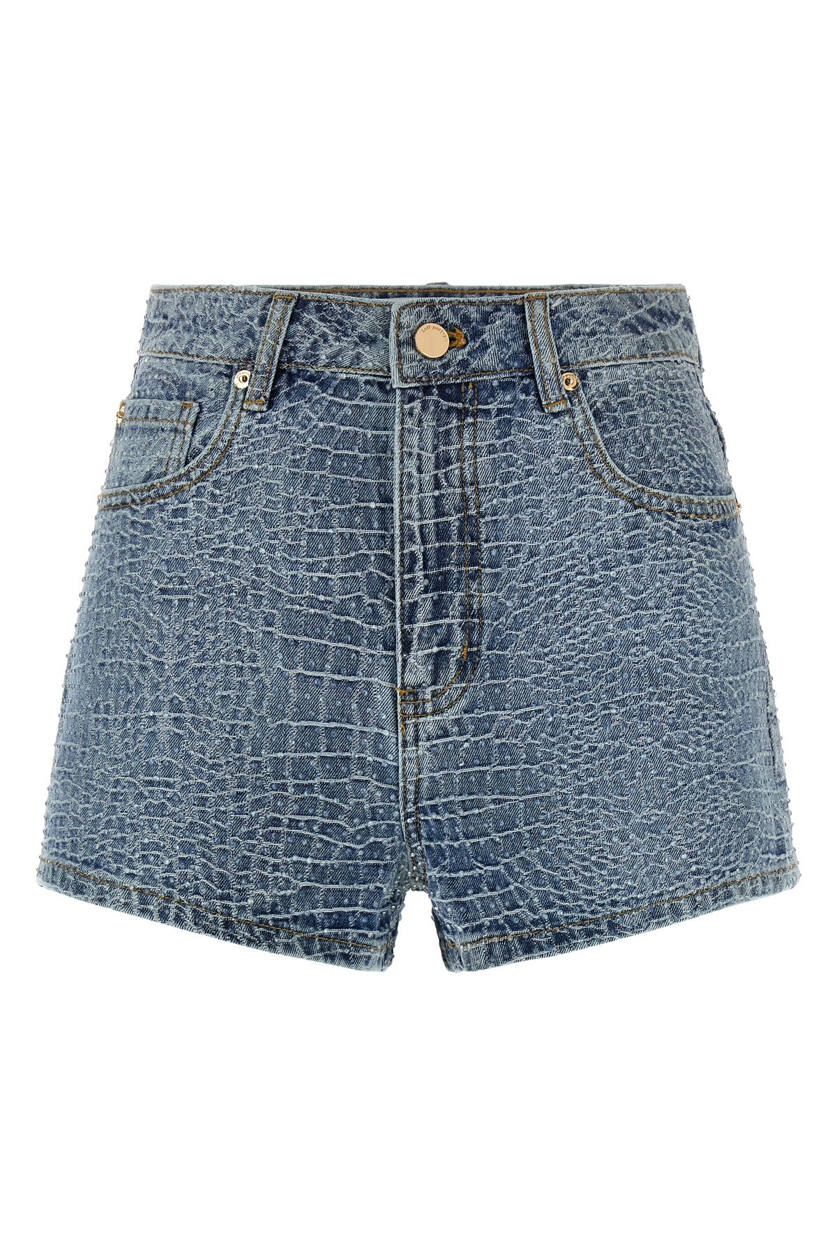 rhinestone shorts in croc effect cotton denim