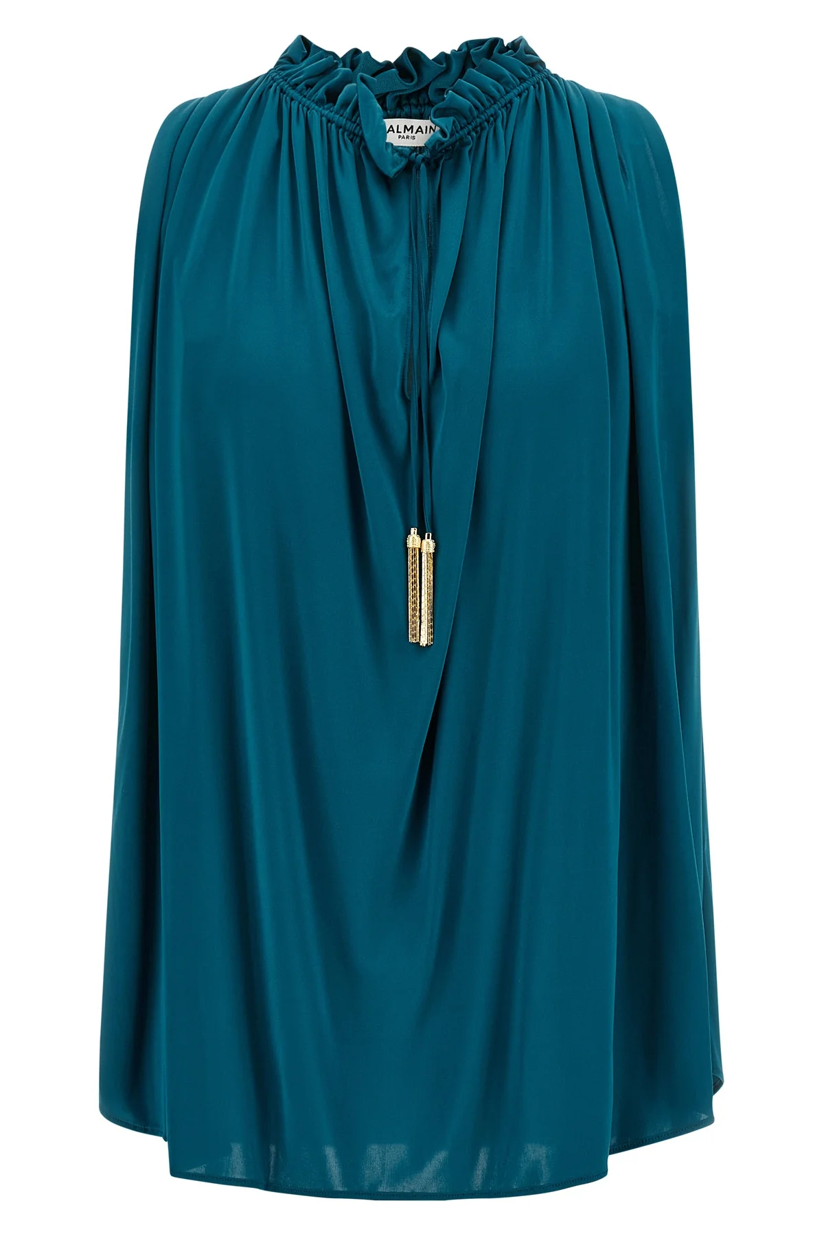 the sleeveless balmain top stands out for its fluid silhouette and impeccable ta