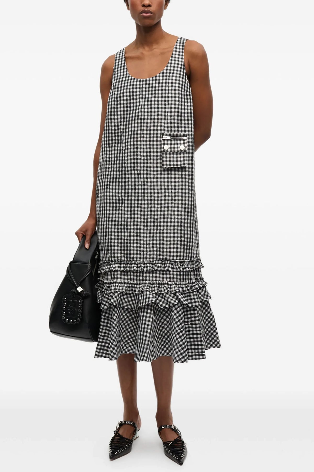 GANNI 36 crinkled check long sleeveless dress in crinkled vichy fabric